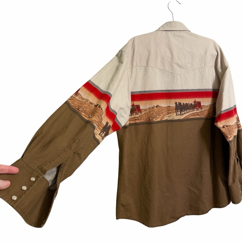 Vintage 90s Wrangler Western Pearl Snap Horse Wagon Print Shirt XL Cowboy Ranch - Picture 4 of 11